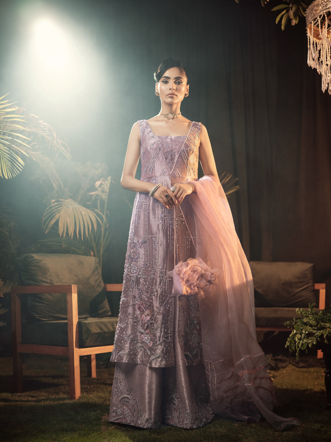 Pakistani Coral Blush Embroidered Tissue Gown (3-Piece) - Image 2