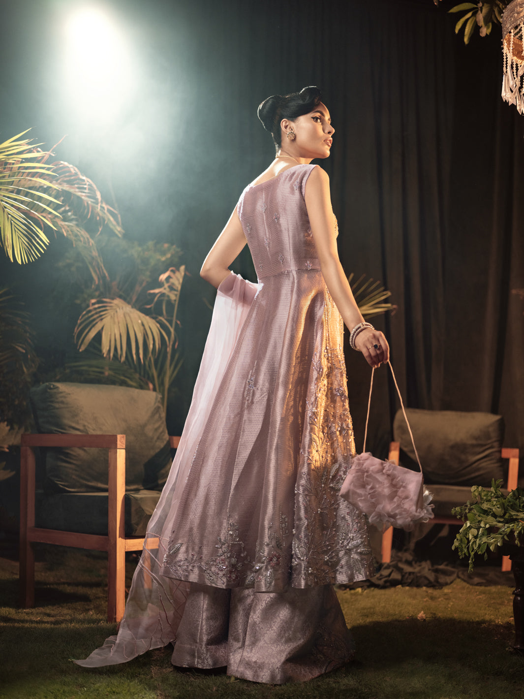 Pakistani Coral Blush Embroidered Tissue Gown (3-Piece) - Image 4