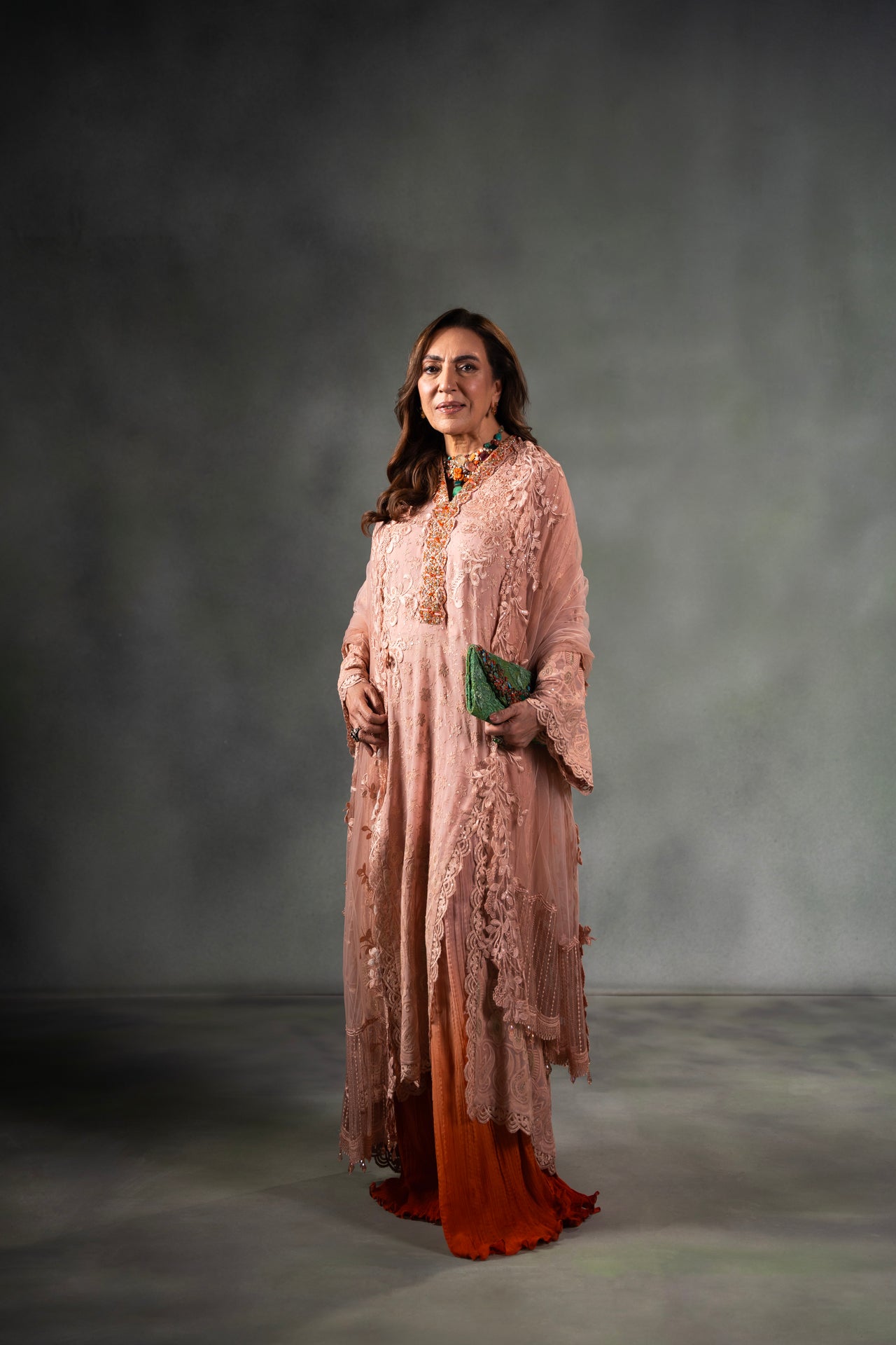 Pakistani Light Coral Embroidered Net Kaftan Dress (3-Piece) - Image 1