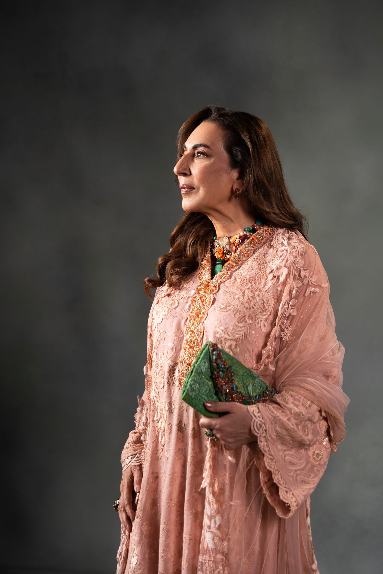 Pakistani Light Coral Embroidered Net Kaftan Dress (3-Piece) - Image 2