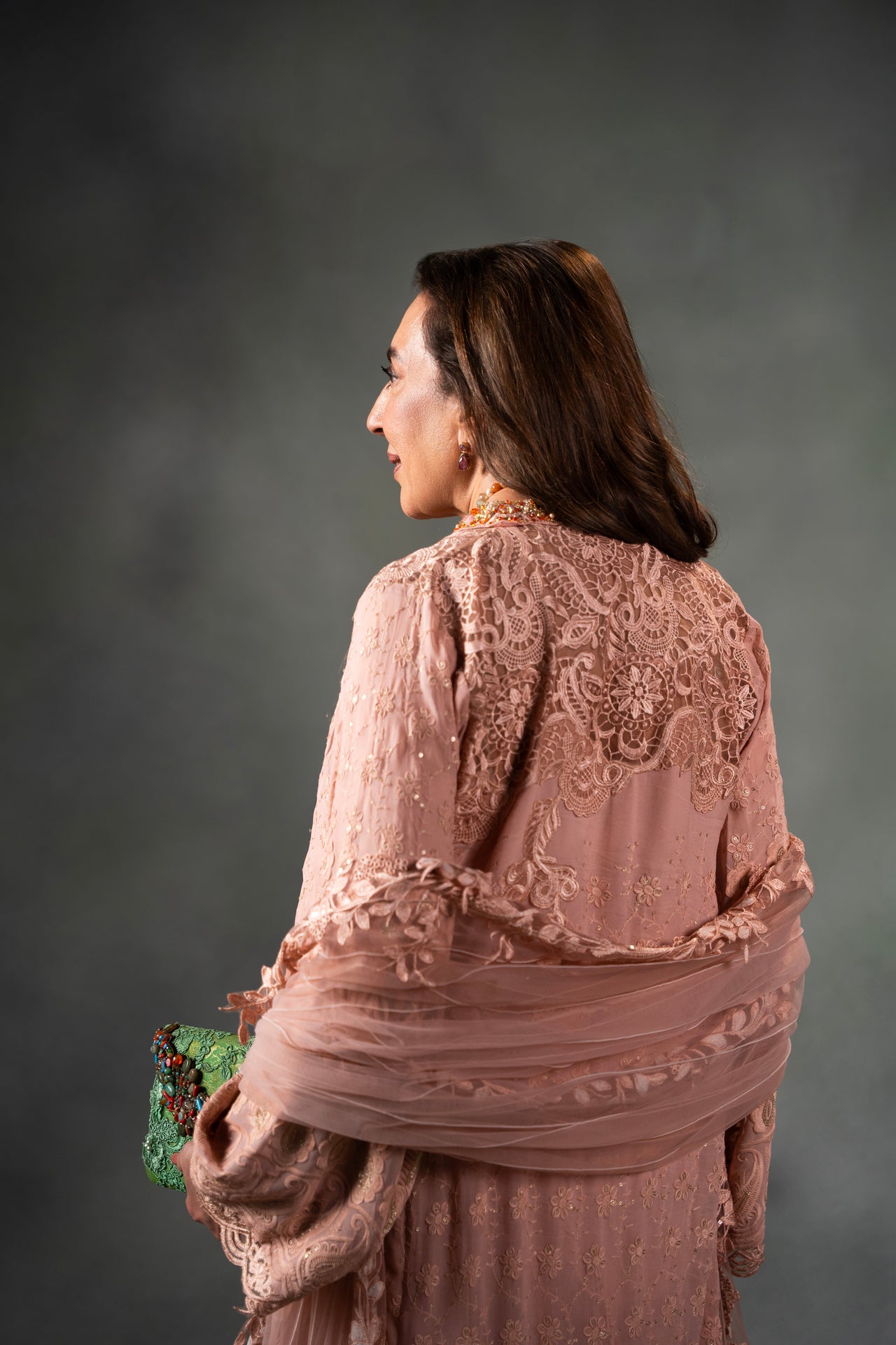 Pakistani Light Coral Embroidered Net Kaftan Dress (3-Piece) - Image 3