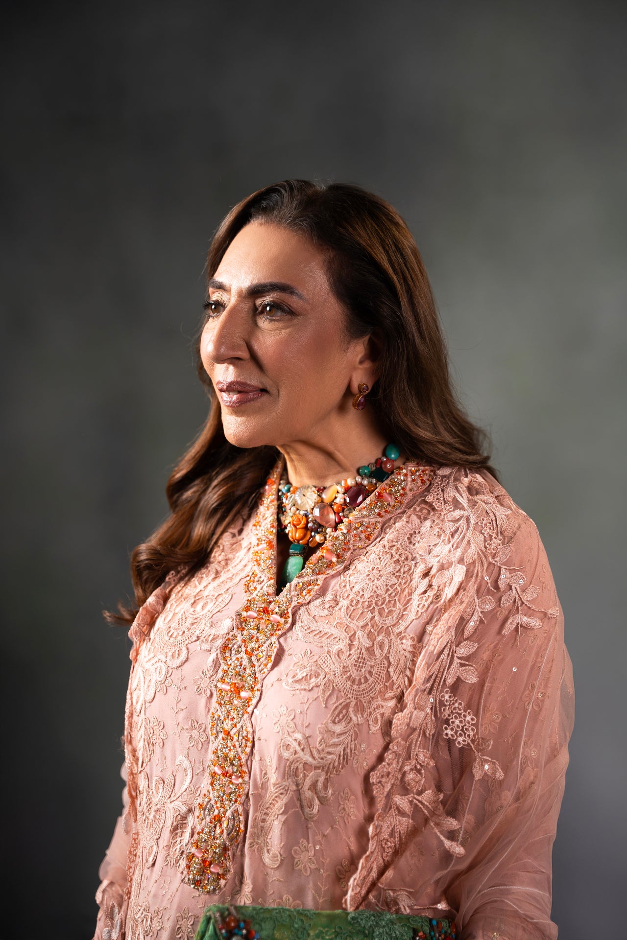 Pakistani Light Coral Embroidered Net Kaftan Dress (3-Piece) - Image 4