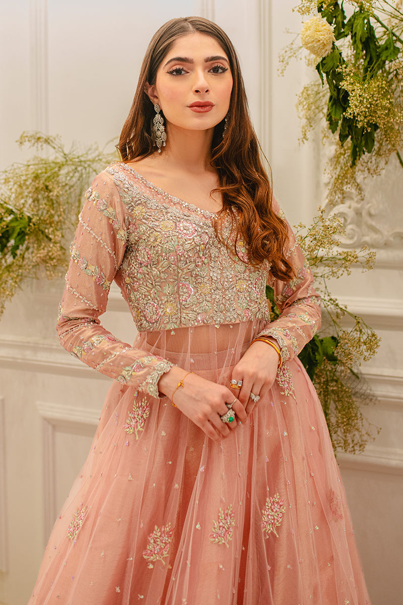 Dusty Coral Hand-Embellished Net & Lama Kalidar (3-Piece) - Image 4