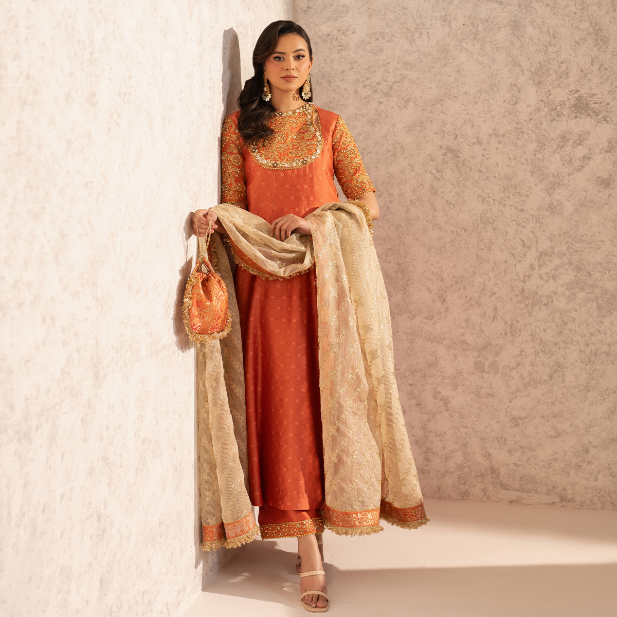 Pakistani Warm Coral Zari Tissue Silk Kalidaar Pishwas (3-Piece) - Image 1