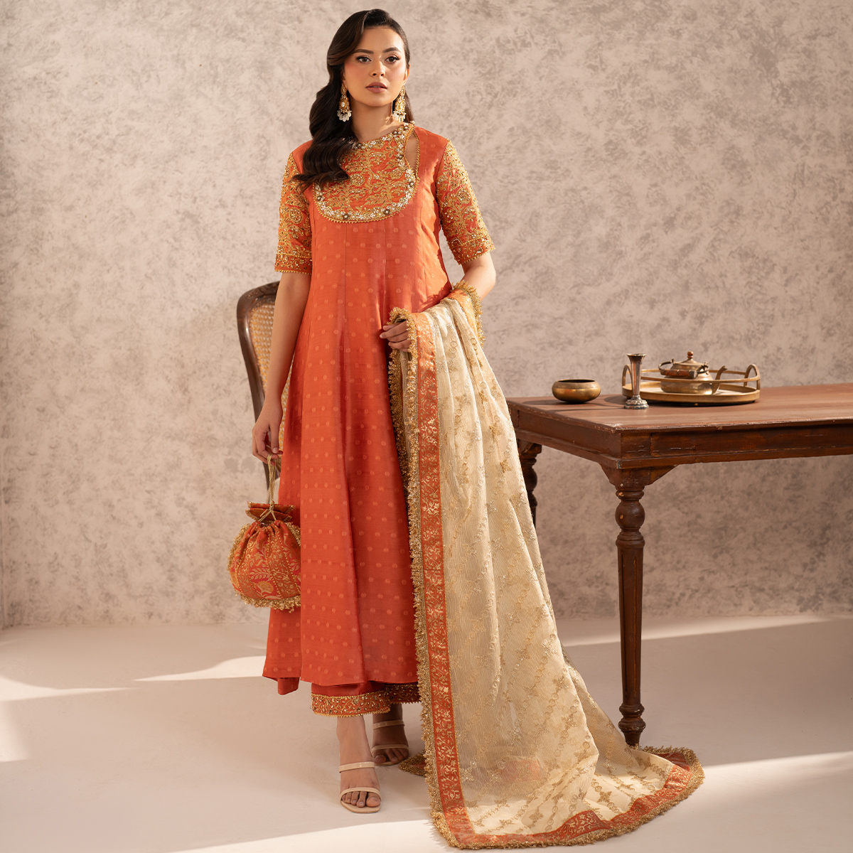 Pakistani Warm Coral Zari Tissue Silk Kalidaar Pishwas (3-Piece) - Image 3