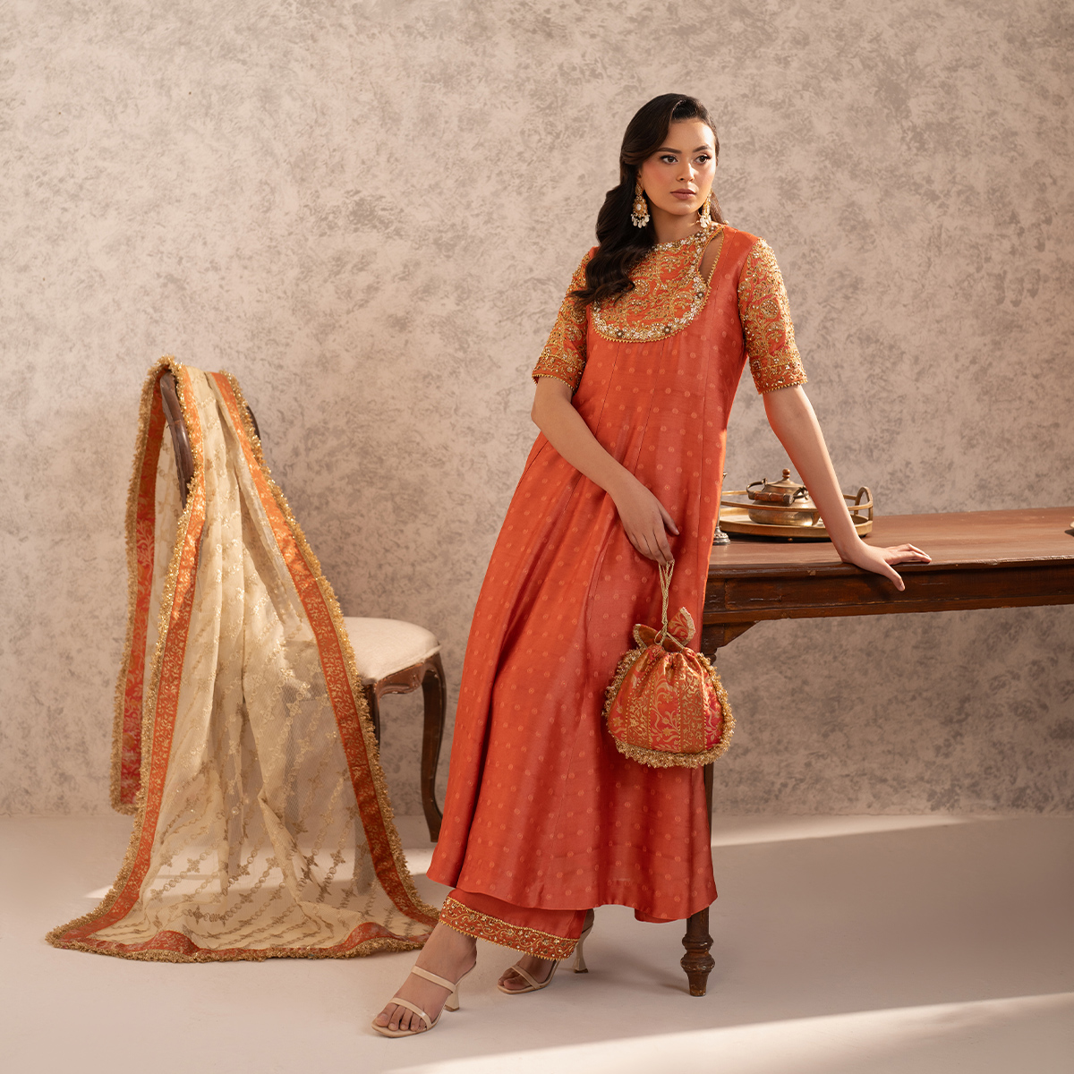 Pakistani Warm Coral Zari Tissue Silk Kalidaar Pishwas (3-Piece) - Image 4