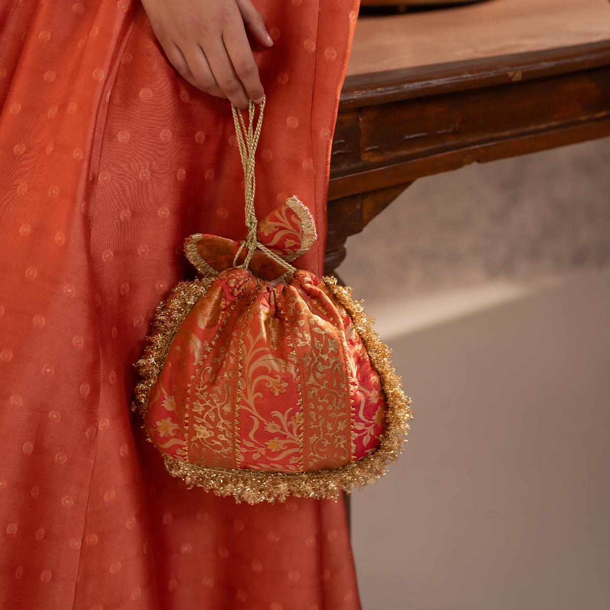 Pakistani Warm Coral Zari Tissue Silk Kalidaar Pishwas (3-Piece) - Image 5