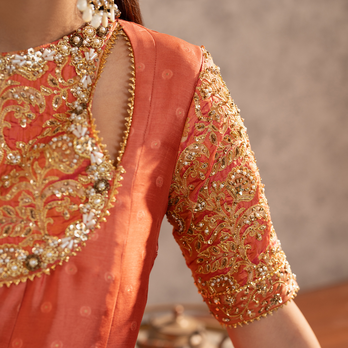 Pakistani Warm Coral Zari Tissue Silk Kalidaar Pishwas (3-Piece) - Image 6