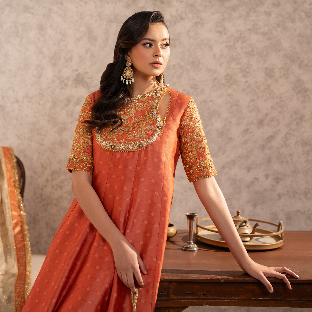 Pakistani Warm Coral Zari Tissue Silk Kalidaar Pishwas (3-Piece) - Image 7