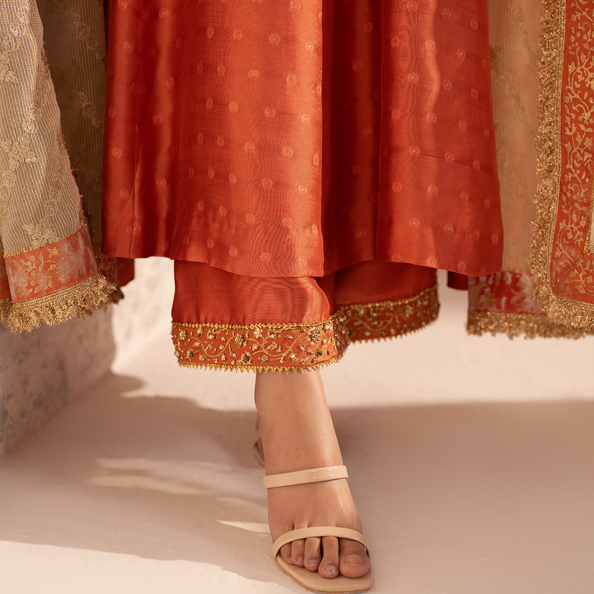 Pakistani Warm Coral Zari Tissue Silk Kalidaar Pishwas (3-Piece) - Image 8