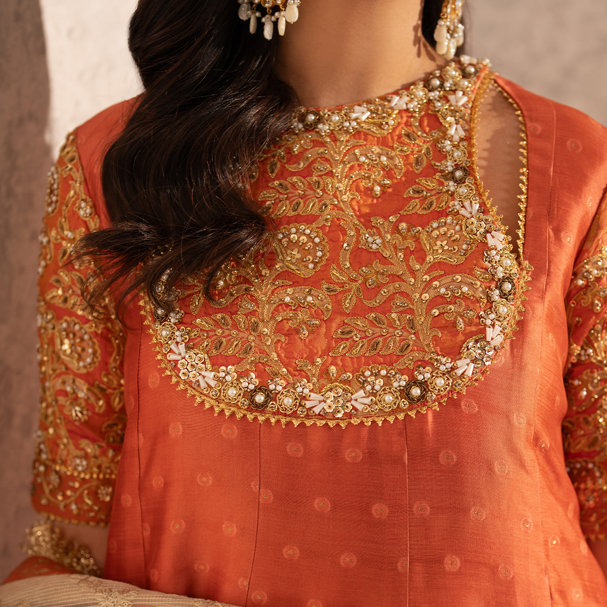 Pakistani Warm Coral Zari Tissue Silk Kalidaar Pishwas (3-Piece) - Image 9