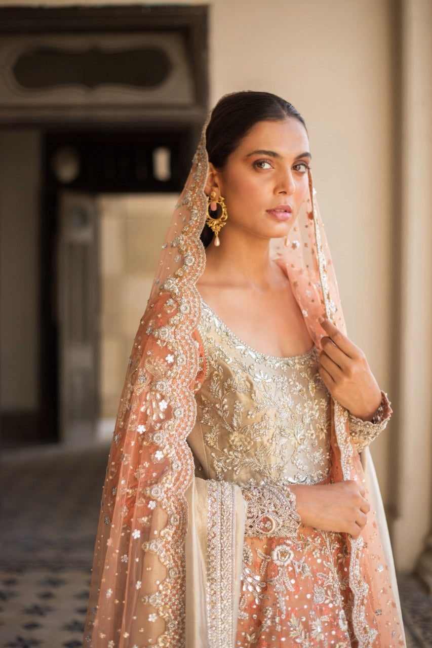 Pakistani Coral Zardozi French Net & Tissue Lehenga (3-Piece) - Image 1