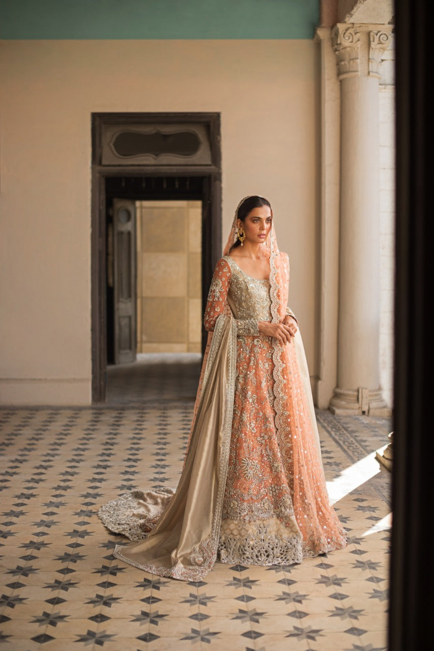Pakistani Coral Zardozi French Net & Tissue Lehenga (3-Piece) - Image 2