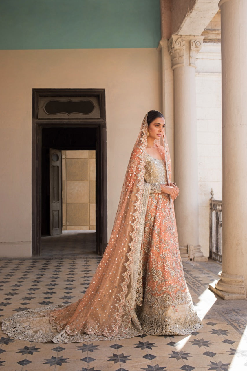 Pakistani Coral Zardozi French Net & Tissue Lehenga (3-Piece) - Image 3