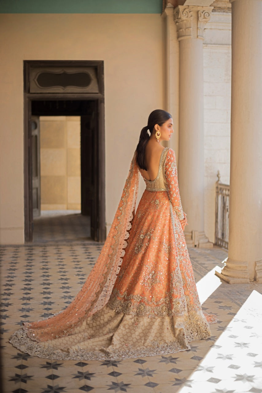 Pakistani Coral Zardozi French Net & Tissue Lehenga (3-Piece) - Image 4