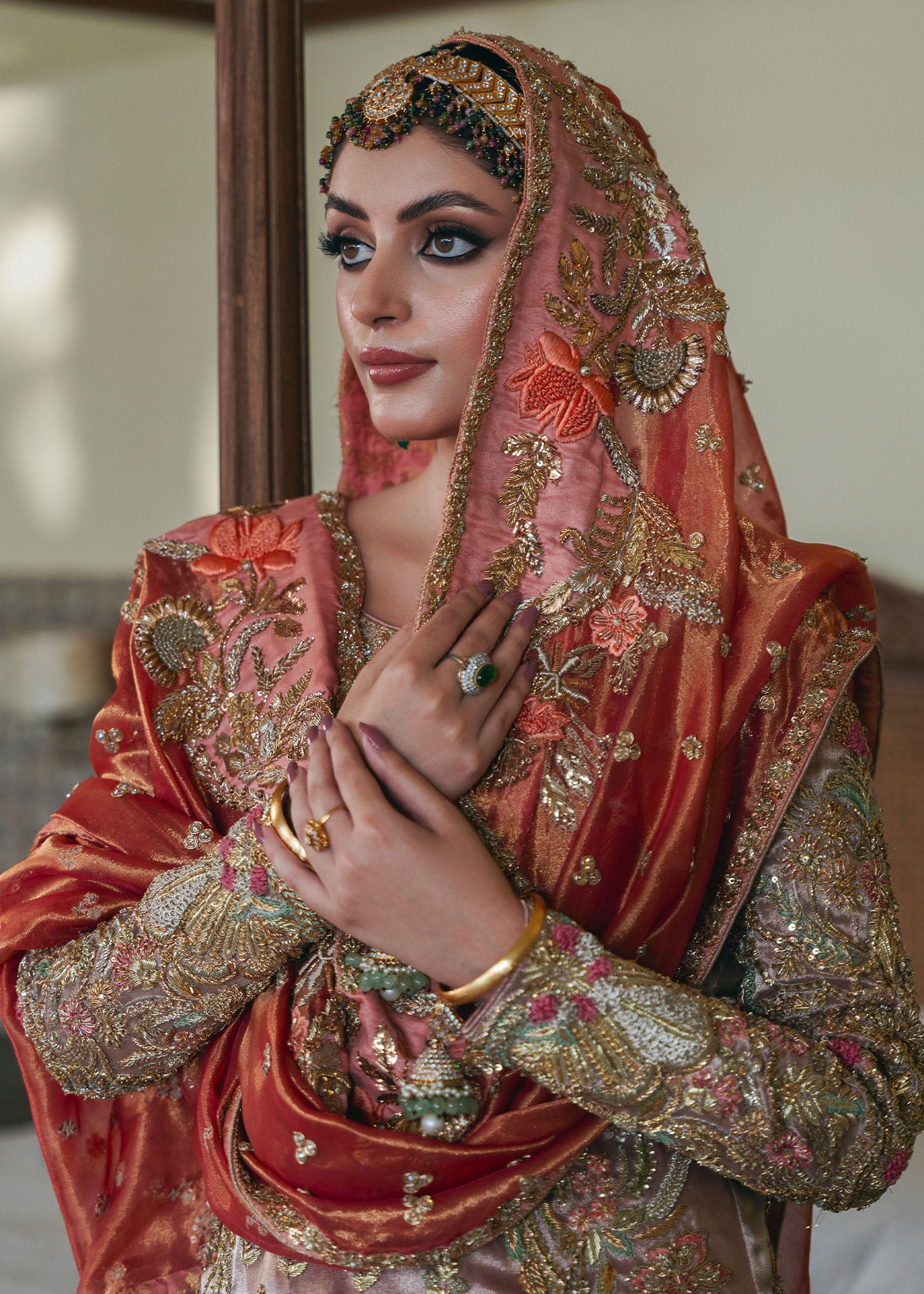 Powder Pink Embroidered Tissue Kamkhaab Farshi Lehenga (3-Piece) - Image 2