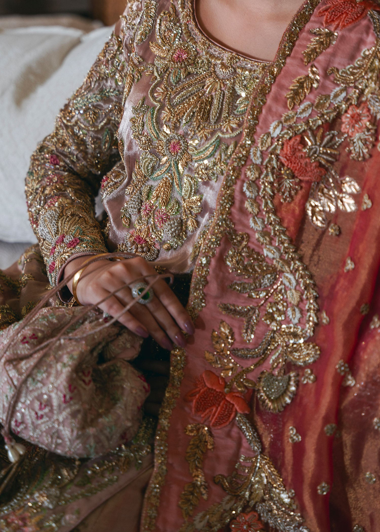 Powder Pink Embroidered Tissue Kamkhaab Farshi Lehenga (3-Piece) - Image 3