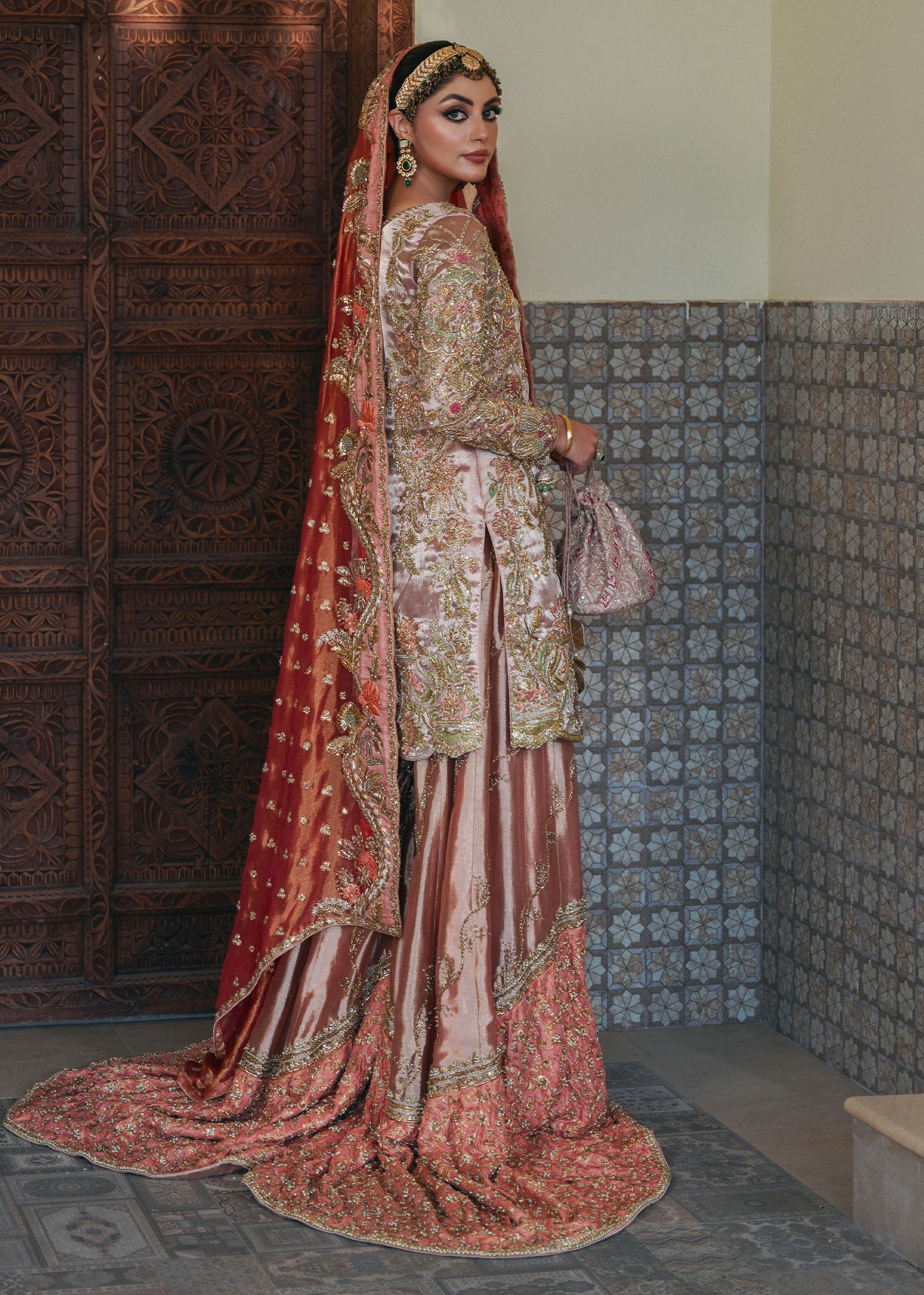 Powder Pink Embroidered Tissue Kamkhaab Farshi Lehenga (3-Piece) - Image 6