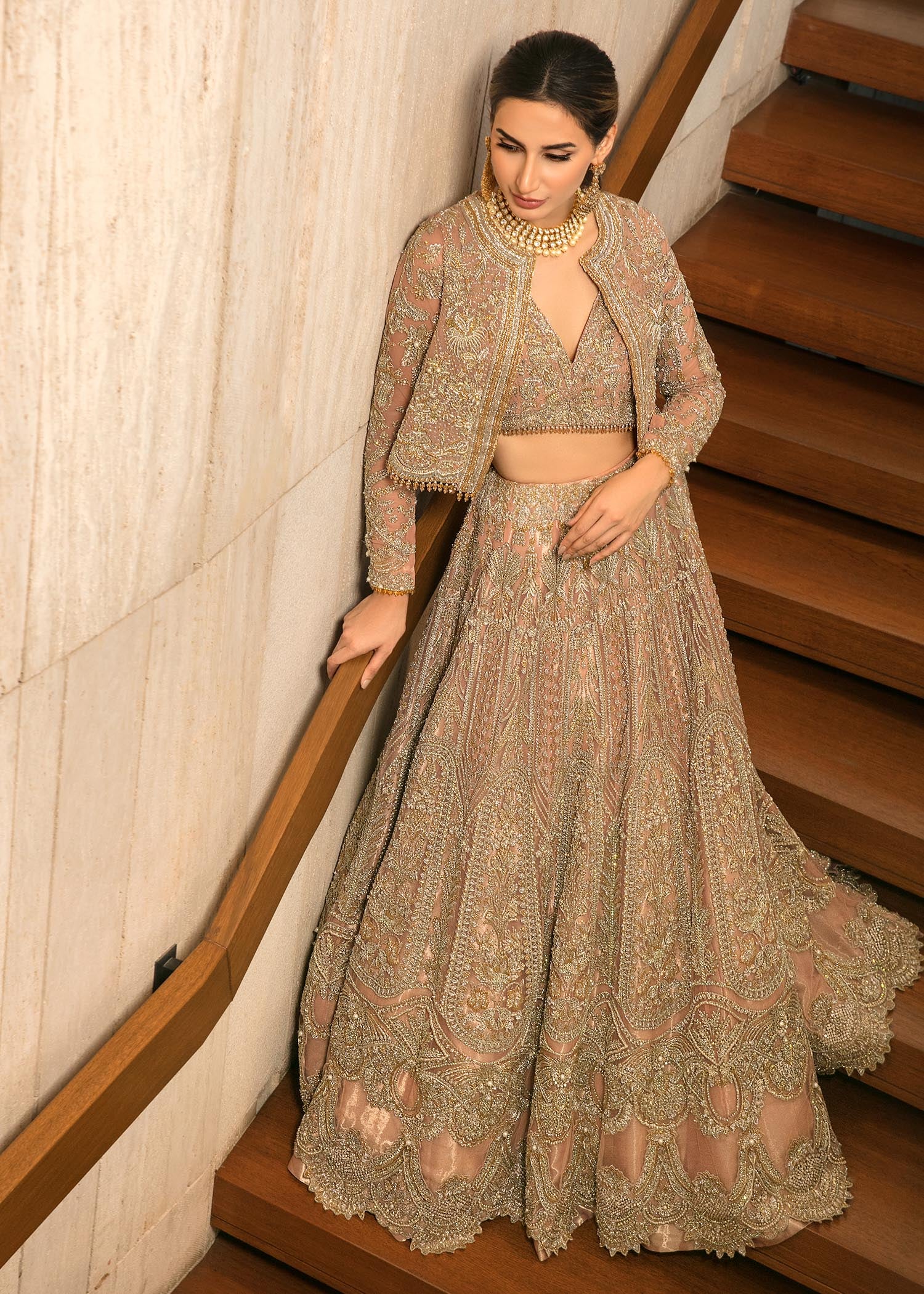 Coral Embellished Net Lehenga Choli (4-Piece) - Image 3