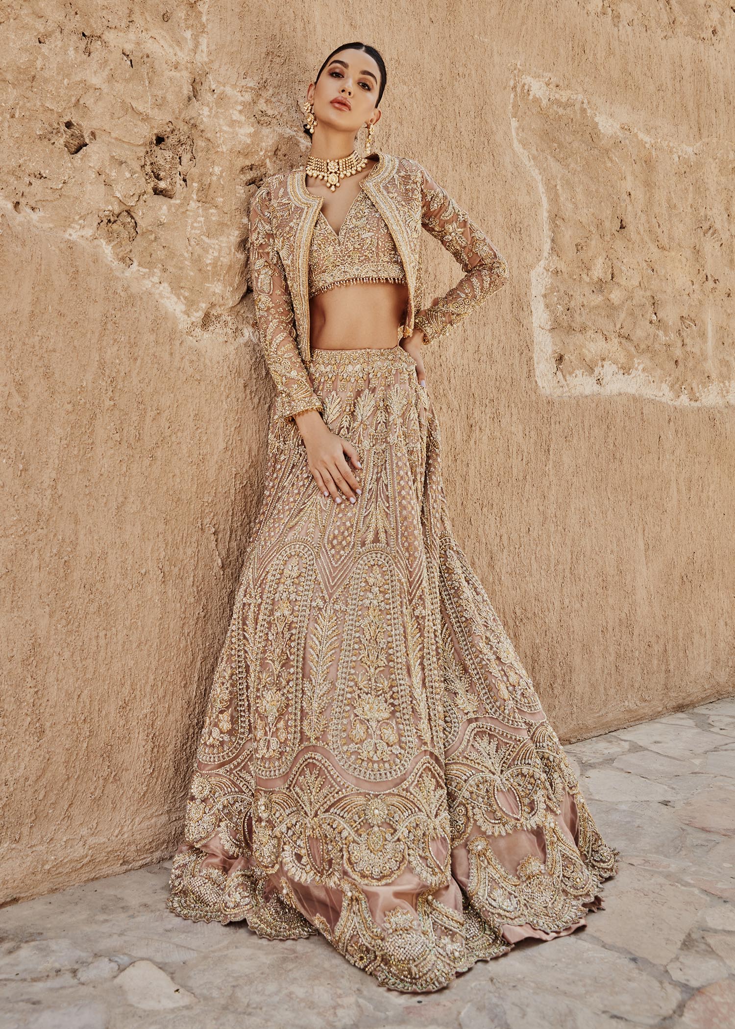 Coral Embellished Net Lehenga Choli (4-Piece) - Image 4