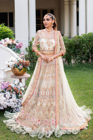 Pakistani Coral Peach Embellished Net Silk Lehenga Choli (3-Piece) - Image 3