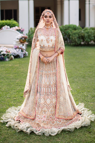 Pakistani Coral Peach Embellished Net Silk Lehenga Choli (3-Piece) - Image 4