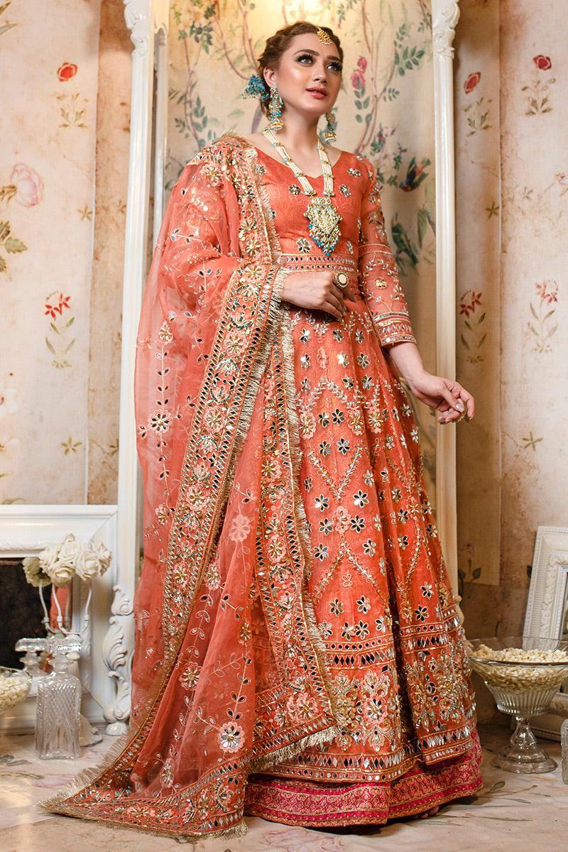 Coral Peach Mirror Work Organza Bridal Lehenga (3-Piece) - Image 1