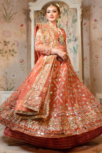 Coral Peach Mirror Work Organza Bridal Lehenga (3-Piece) - Image 5