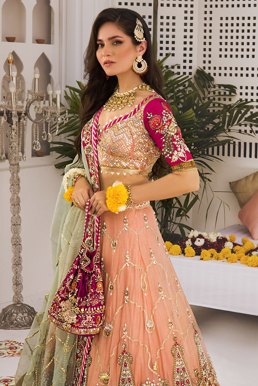 Pakistani Light Coral Zardozi Organza Lehenga (3-Piece) - Image 2