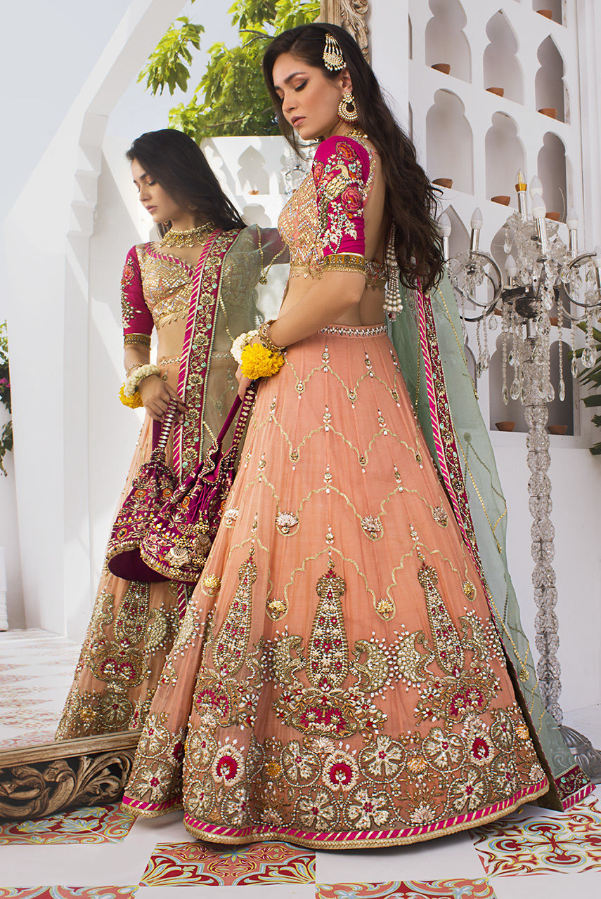 Pakistani Light Coral Zardozi Organza Lehenga (3-Piece) - Image 3