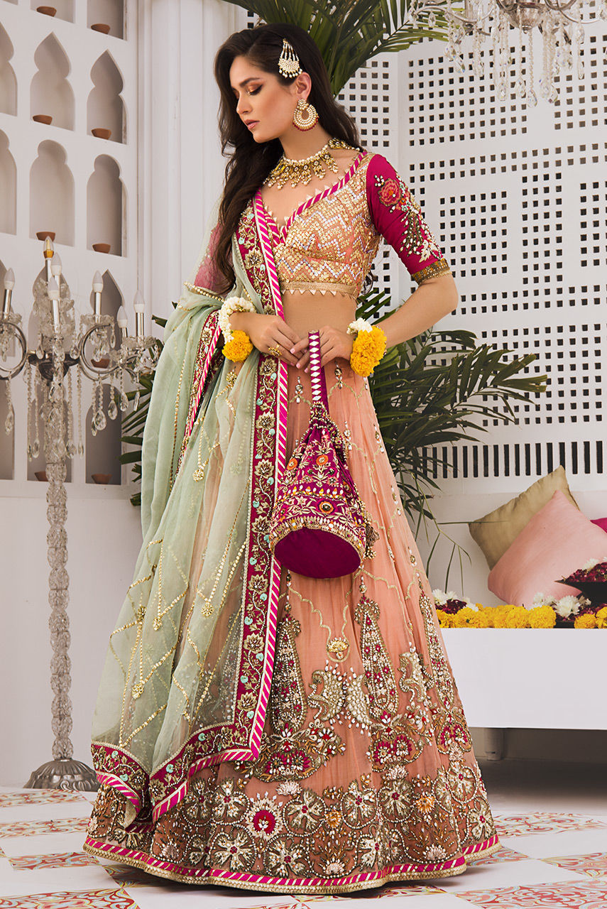 Pakistani Light Coral Zardozi Organza Lehenga (3-Piece) - Image 4