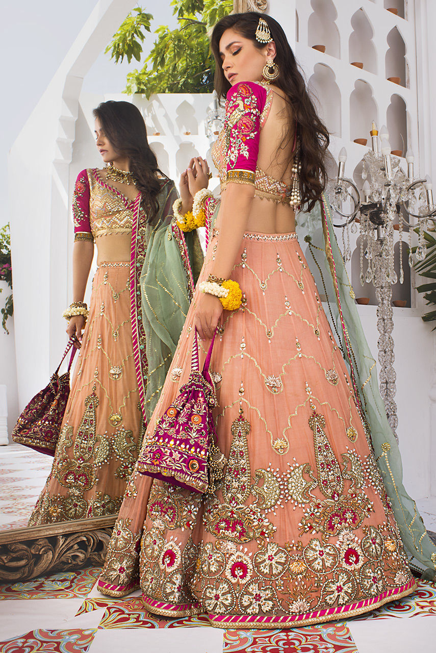 Pakistani Light Coral Zardozi Organza Lehenga (3-Piece) - Image 5