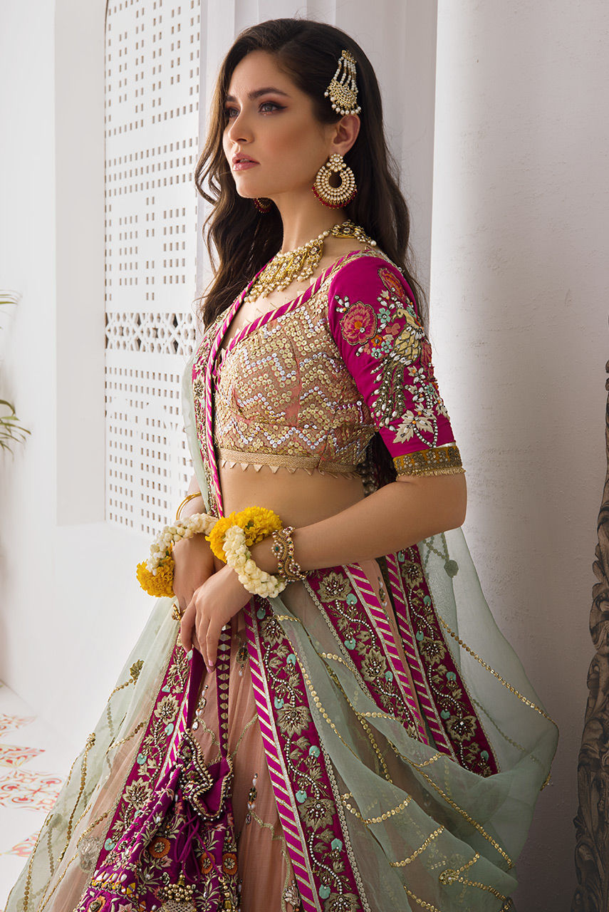 Pakistani Light Coral Zardozi Organza Lehenga (3-Piece) - Image 6