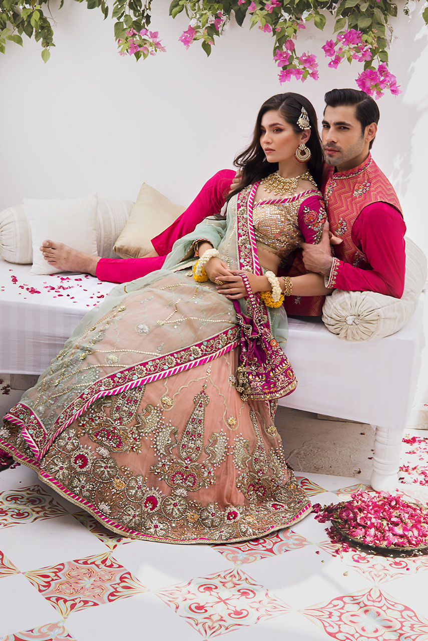 Pakistani Light Coral Zardozi Organza Lehenga (3-Piece) - Image 7
