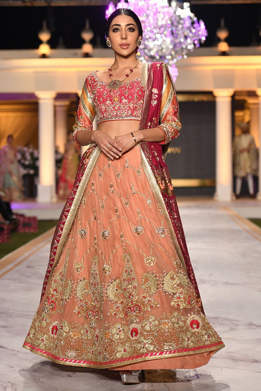 Pakistani Coral Zardozi Organza Lehenga Set (3-Piece) - Image 1
