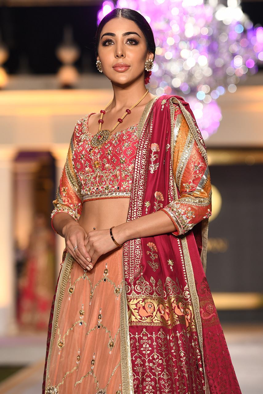Pakistani Coral Zardozi Organza Lehenga Set (3-Piece) - Image 2
