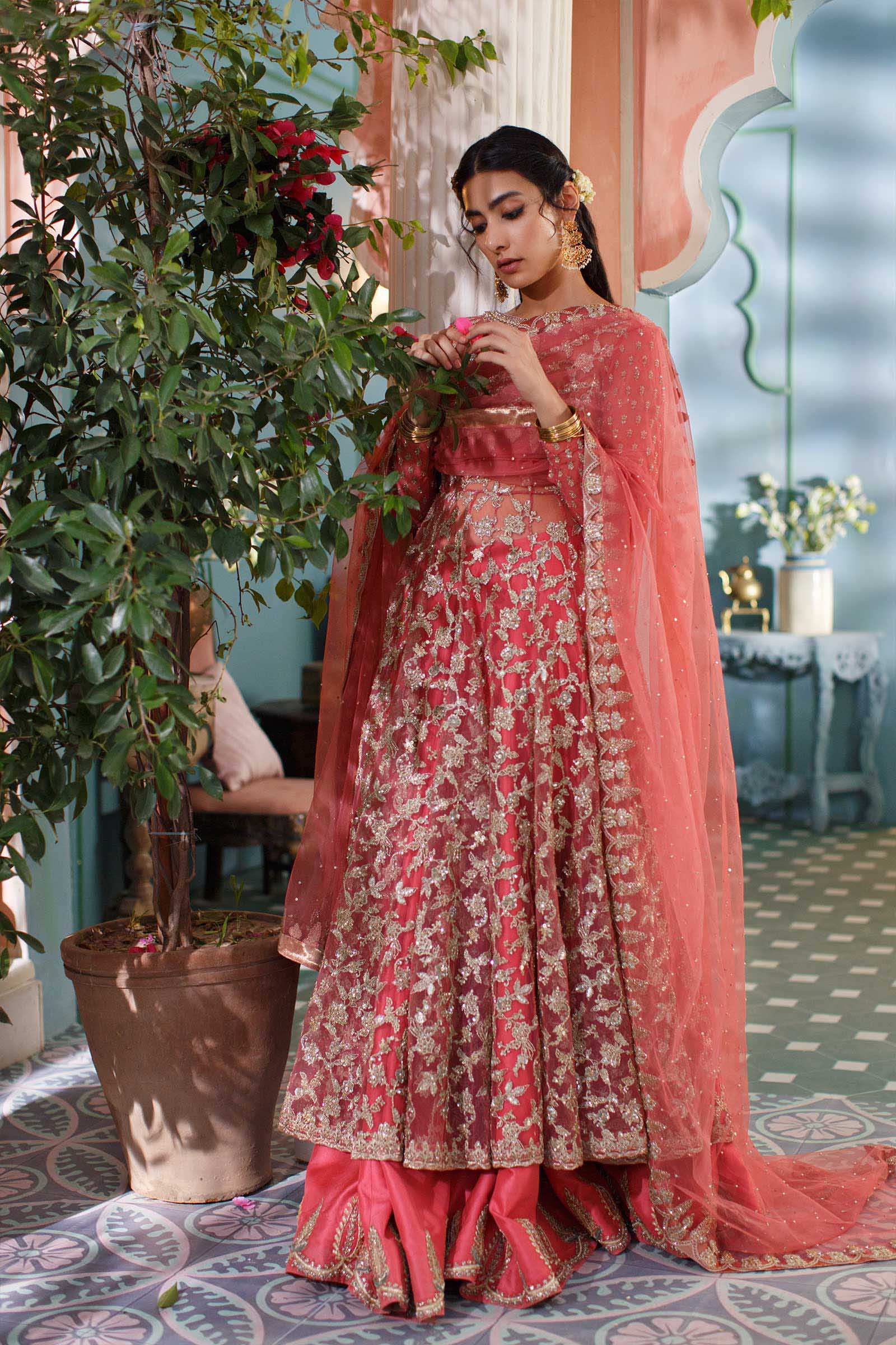 Coral Embroidered Raw Silk Lehenga Set (3-Piece) - Image 1