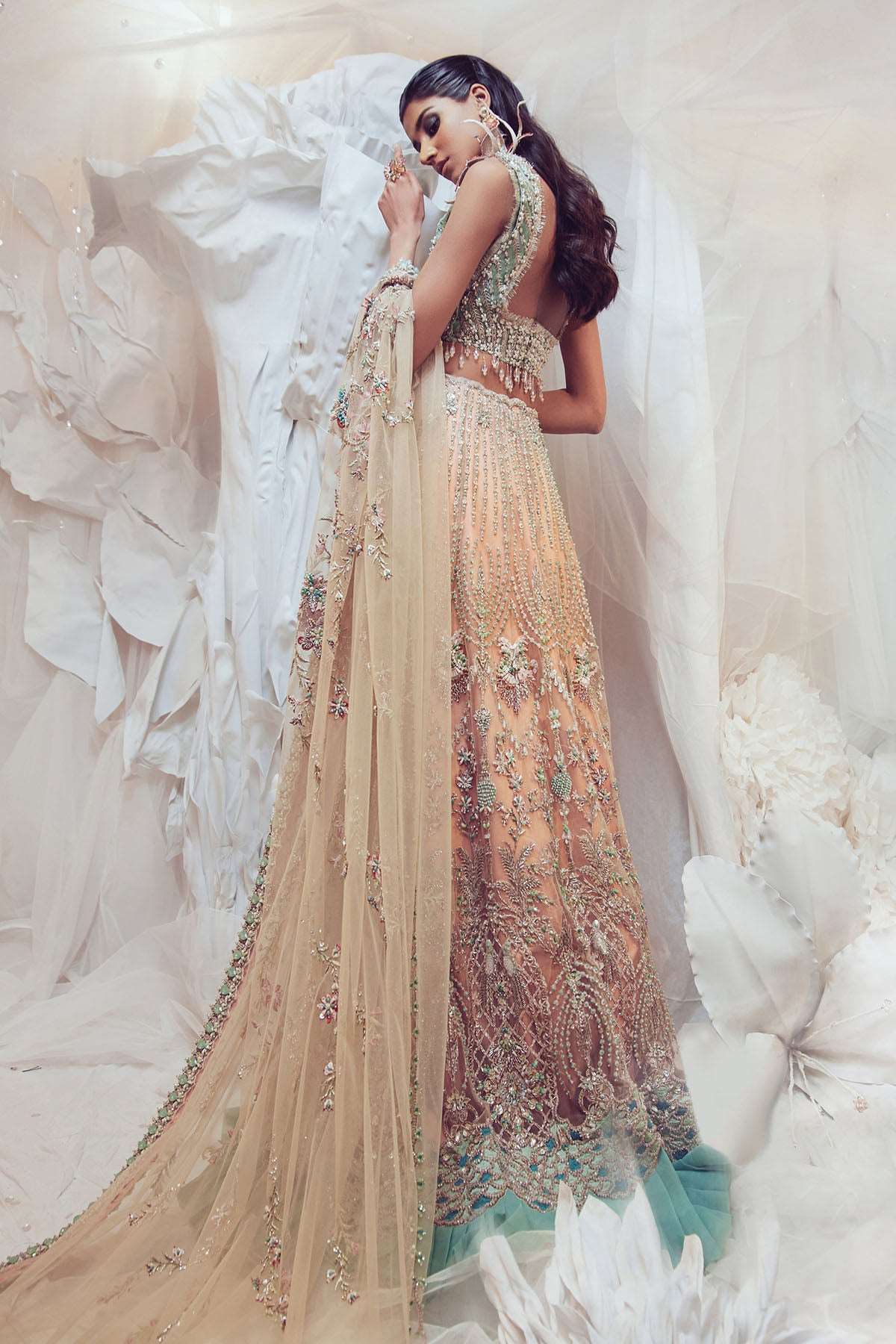 Pakistani Mint and Coral Hand-Embroidered Silk Lehenga Choli (3-Piece) - Image 4