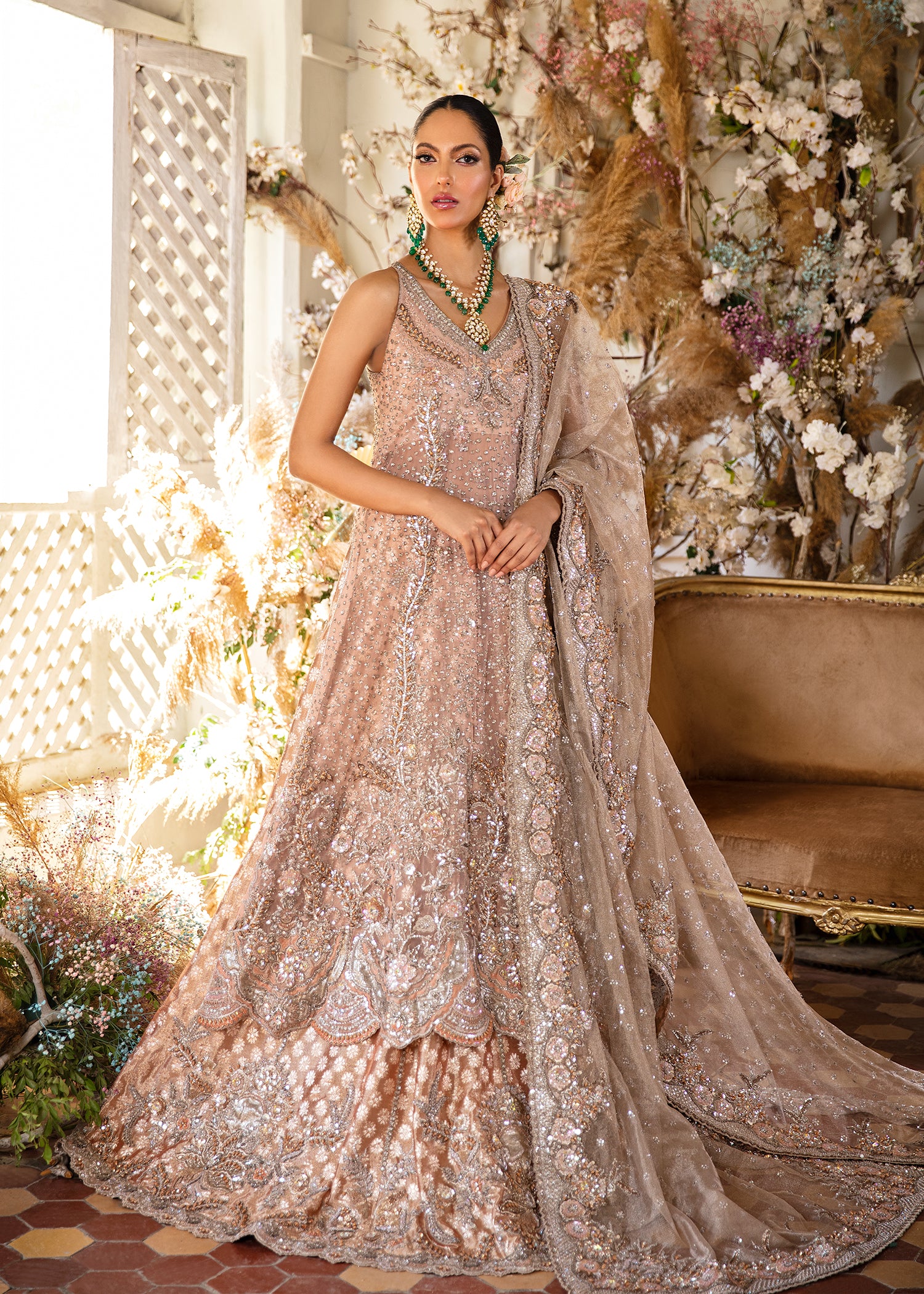 Coral Peach Embellished Silk Bridal Lehenga (3-Piece) - Image 1