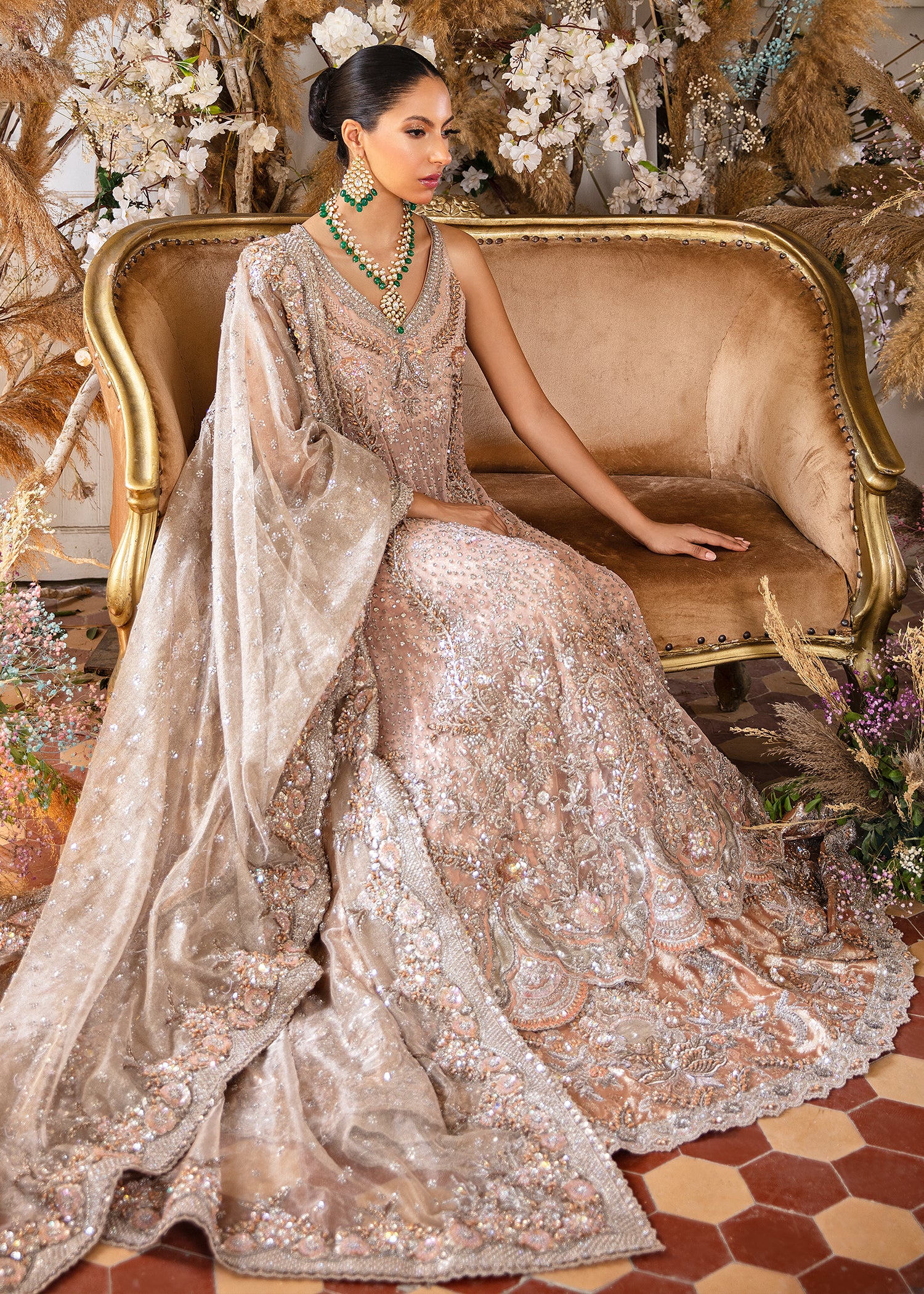 Coral Peach Embellished Silk Bridal Lehenga (3-Piece) - Image 3