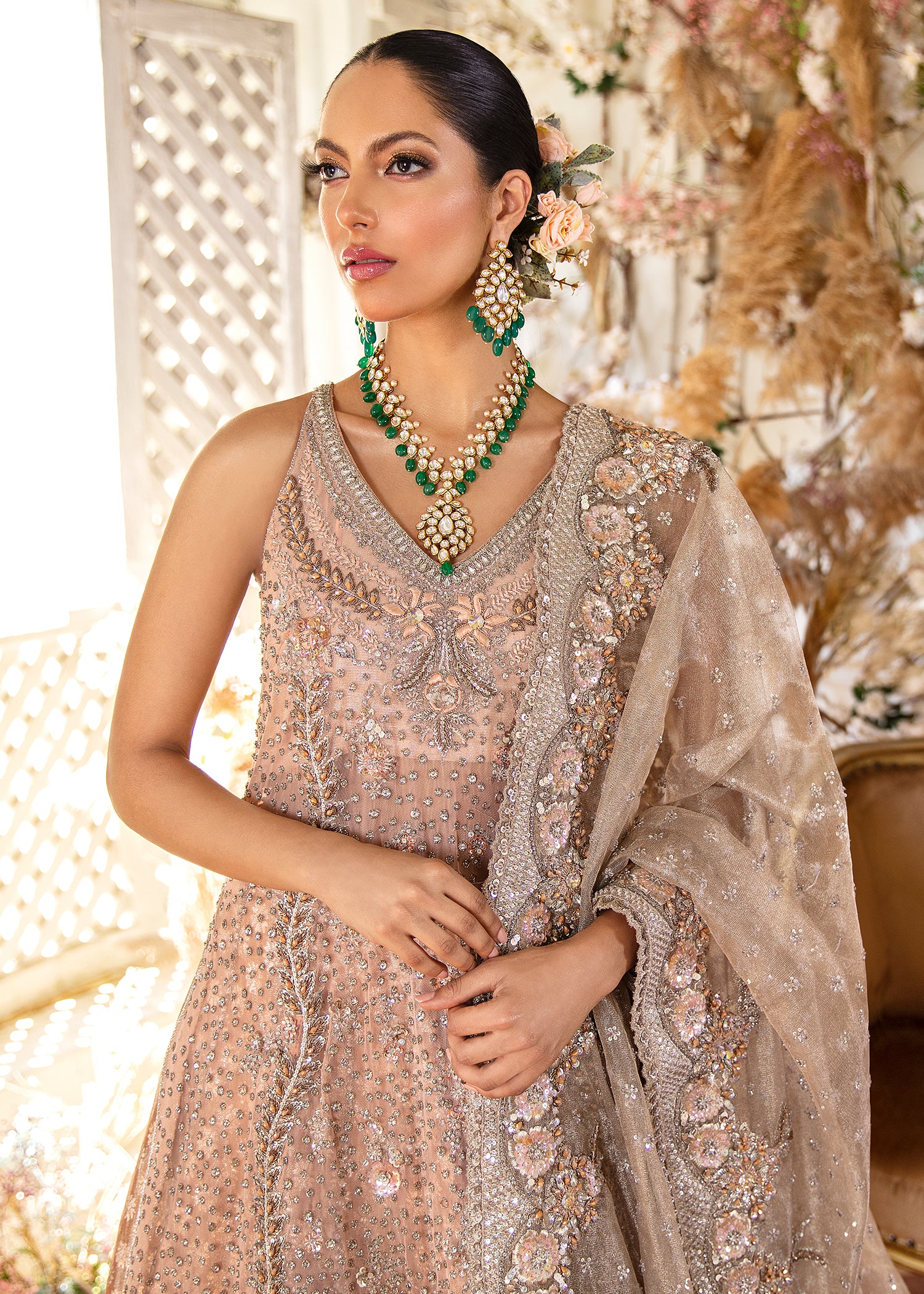 Coral Peach Embellished Silk Bridal Lehenga (3-Piece) - Image 5