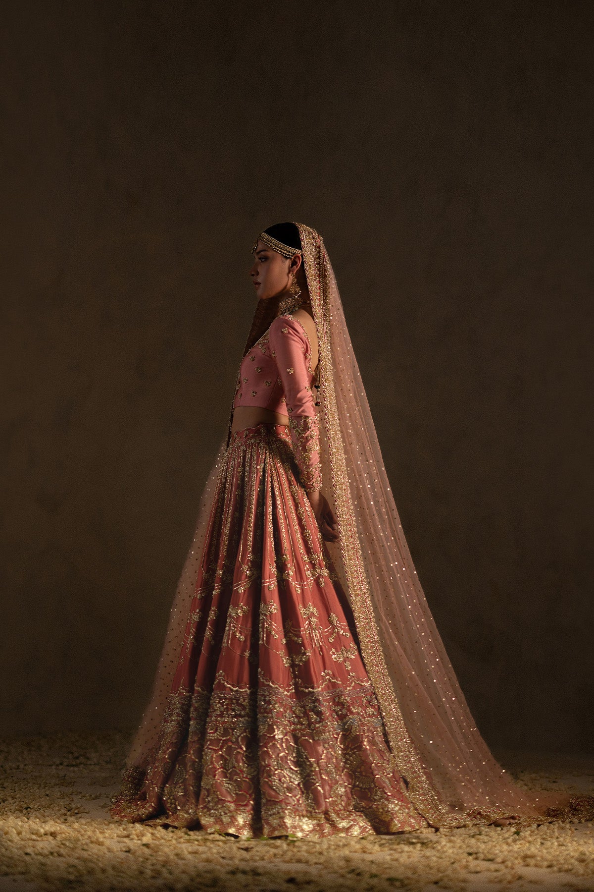 Warm Coral Zardozi Tissue Raw Silk Bridal Lehenga (3-Piece) - Image 2