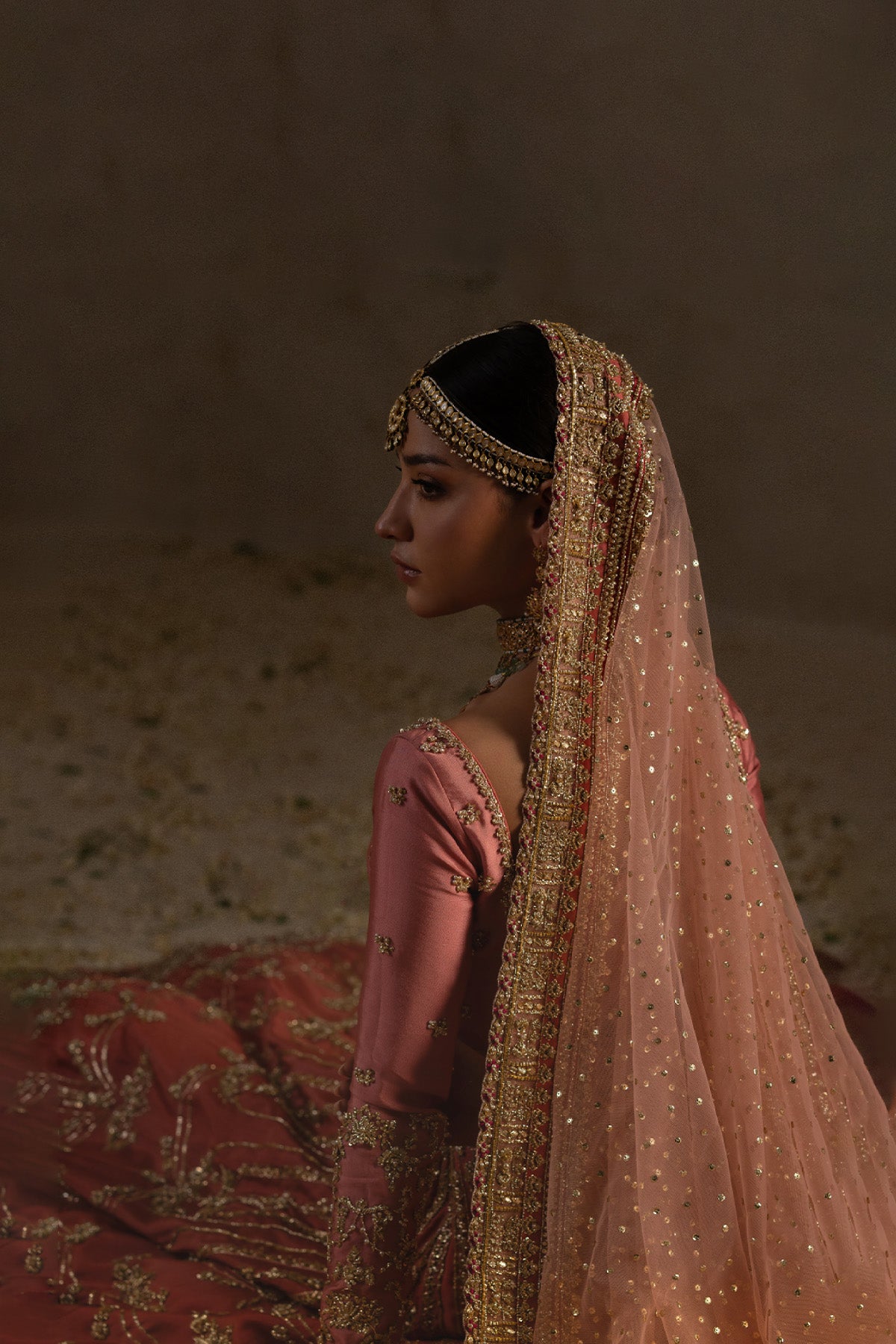 Warm Coral Zardozi Tissue Raw Silk Bridal Lehenga (3-Piece) - Image 4