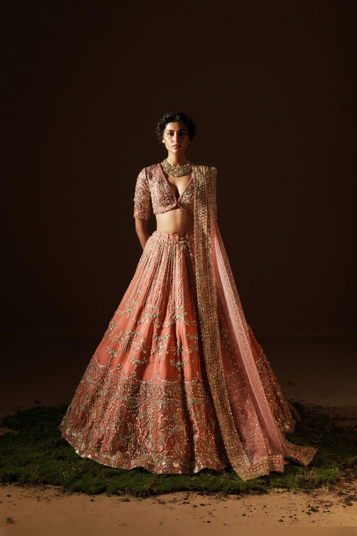 Warm Coral Zardozi Tissue Raw Silk Bridal Lehenga (3-Piece) - Image 1