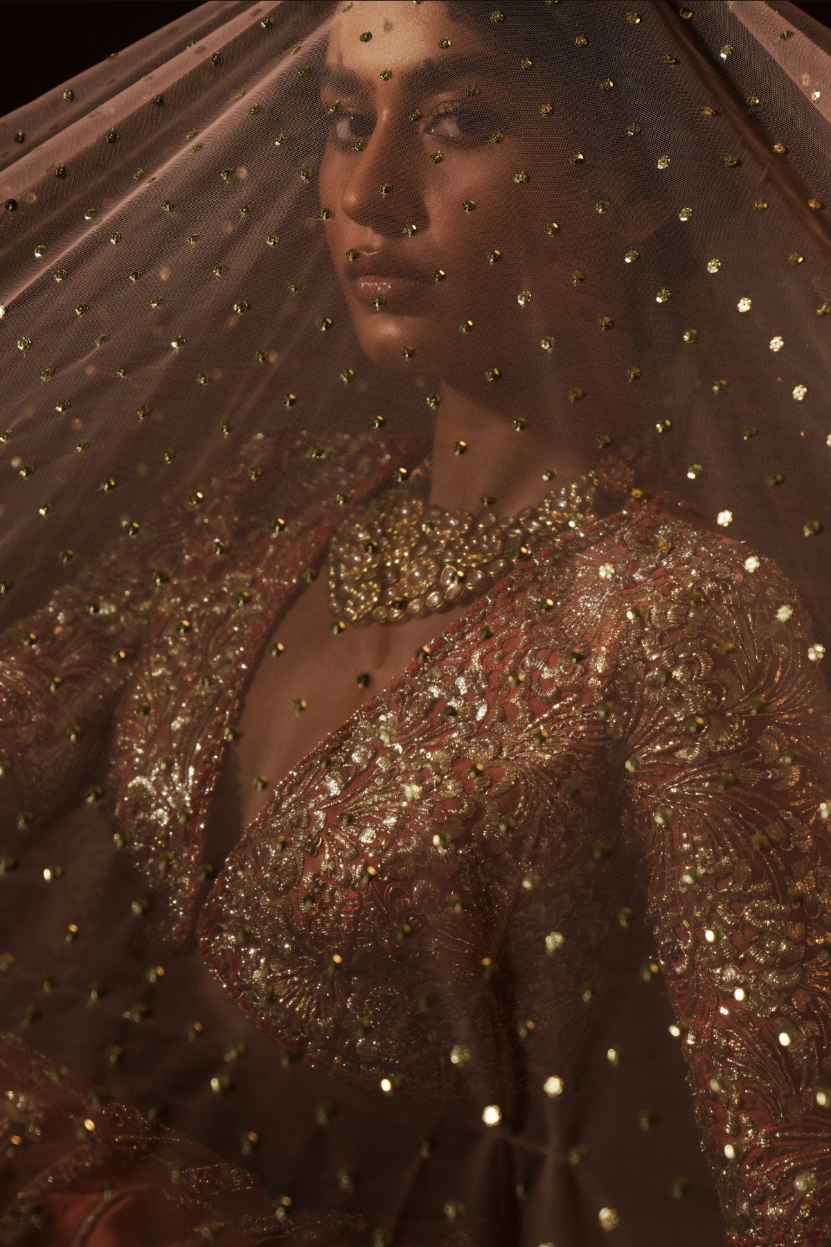 Warm Coral Zardozi Tissue Raw Silk Bridal Lehenga (3-Piece) - Image 2