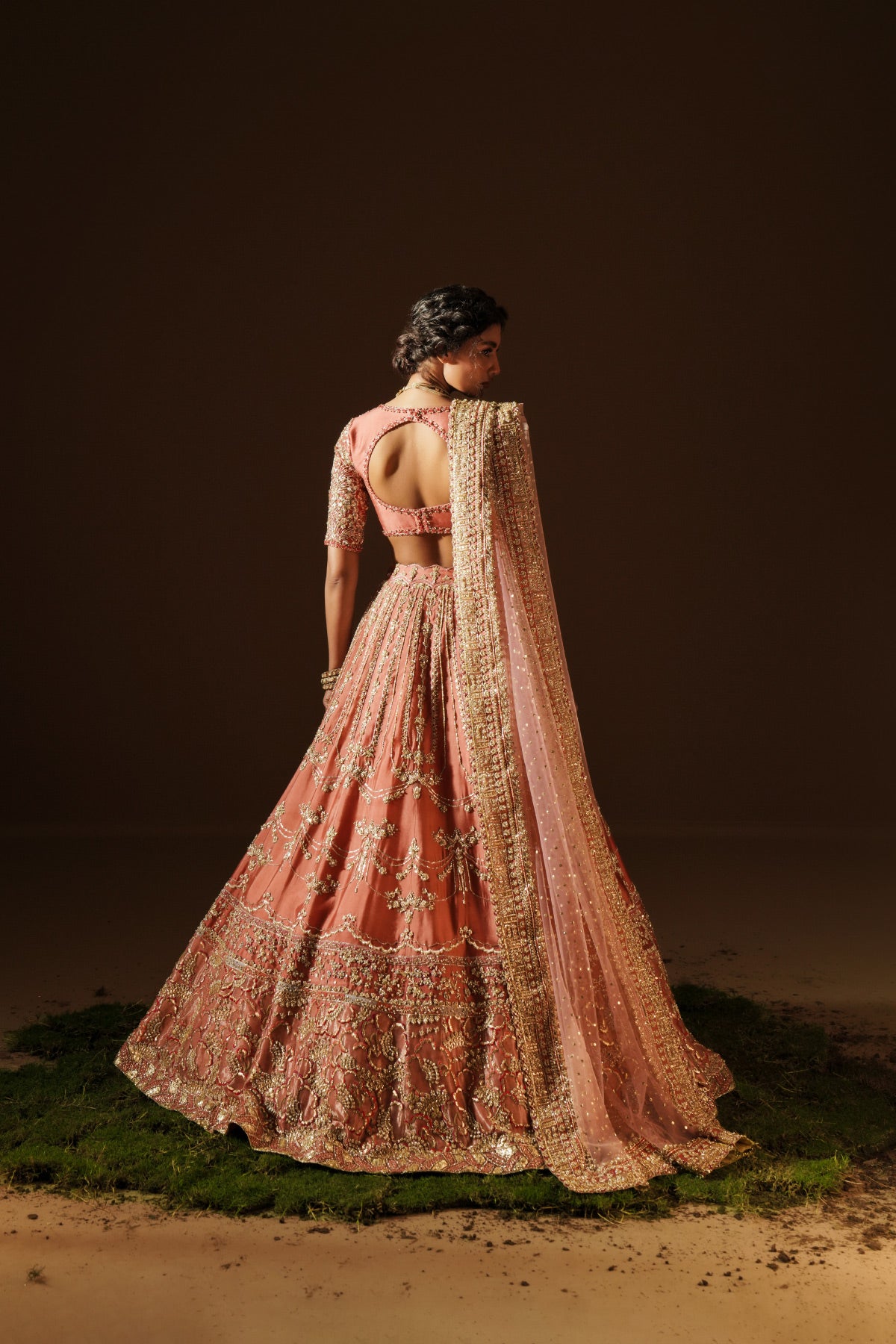 Warm Coral Zardozi Tissue Raw Silk Bridal Lehenga (3-Piece) - Image 3