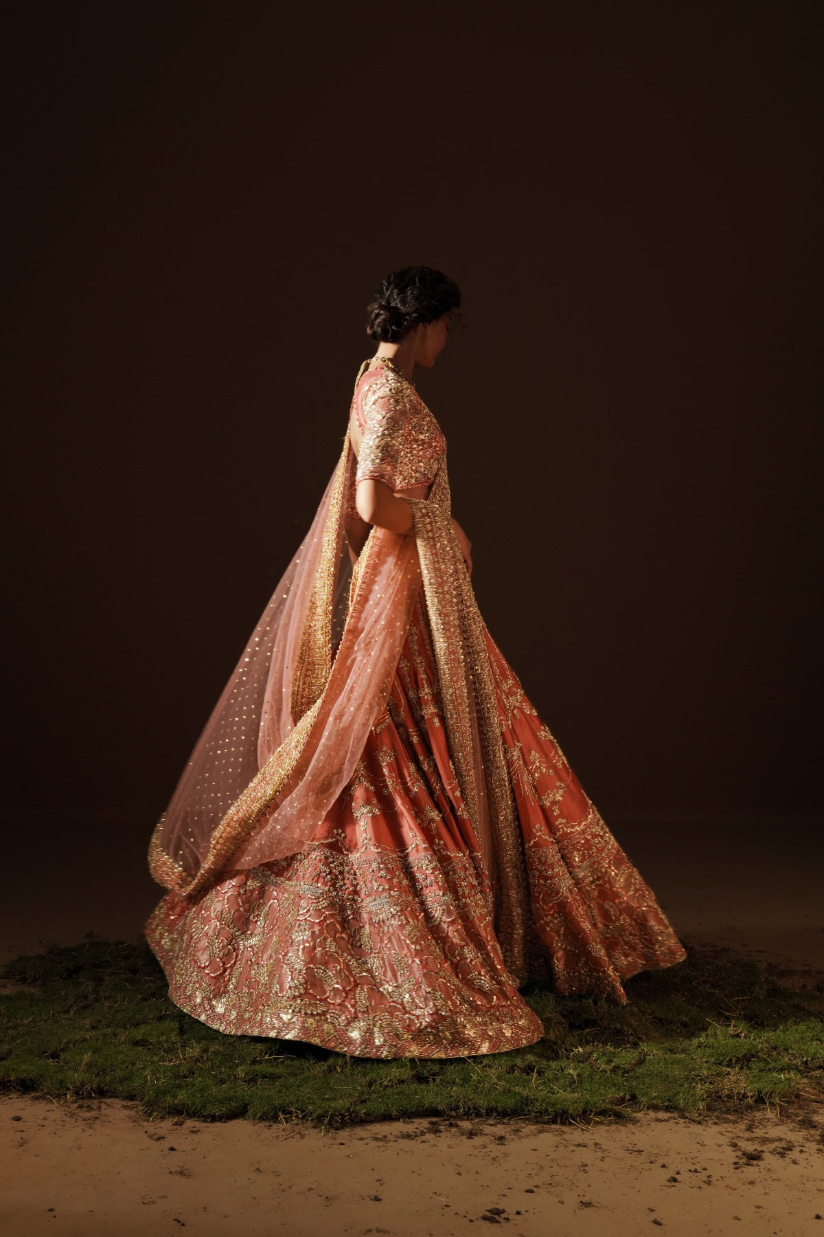 Warm Coral Zardozi Tissue Raw Silk Bridal Lehenga (3-Piece) - Image 4