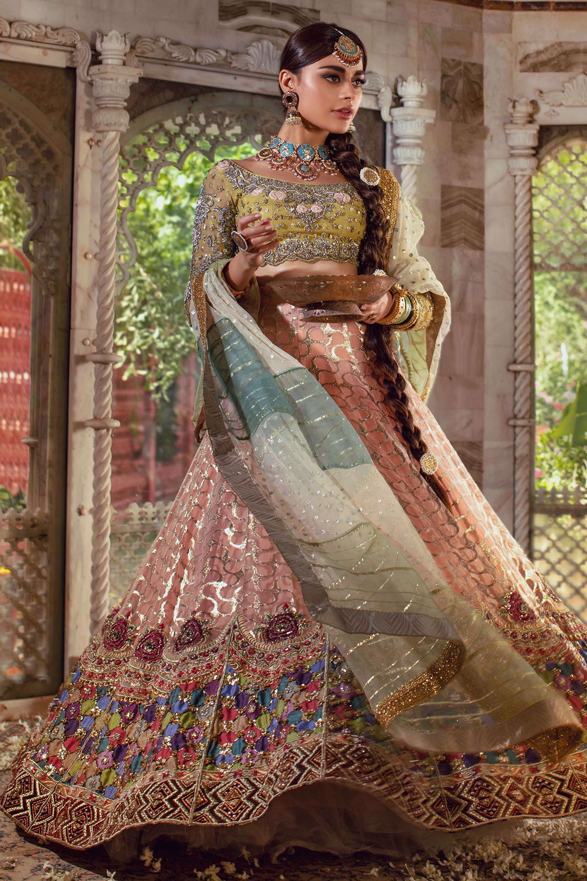 Pakistani Coral & Leaf Green Embroidered Velvet-Silk Lehenga (3-Piece) - Image 1