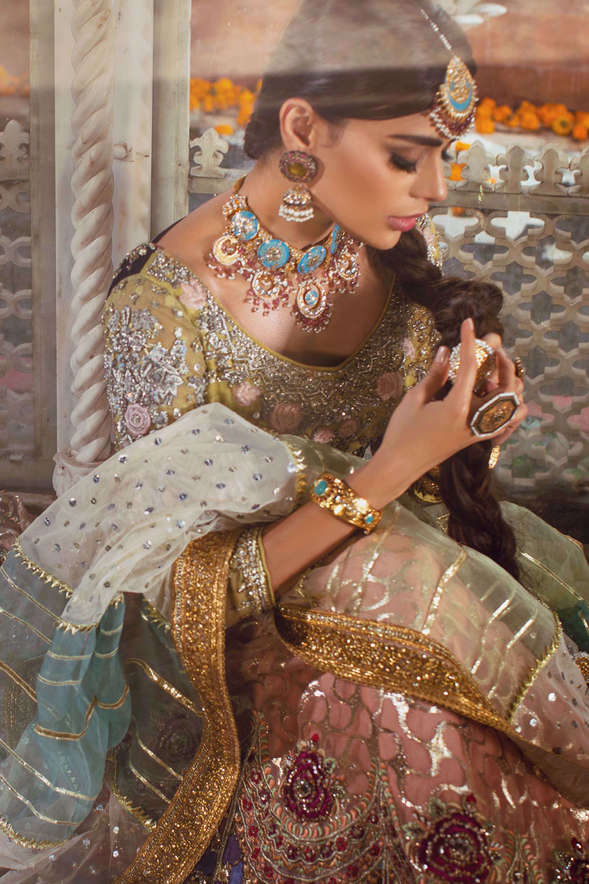 Pakistani Coral & Leaf Green Embroidered Velvet-Silk Lehenga (3-Piece) - Image 2