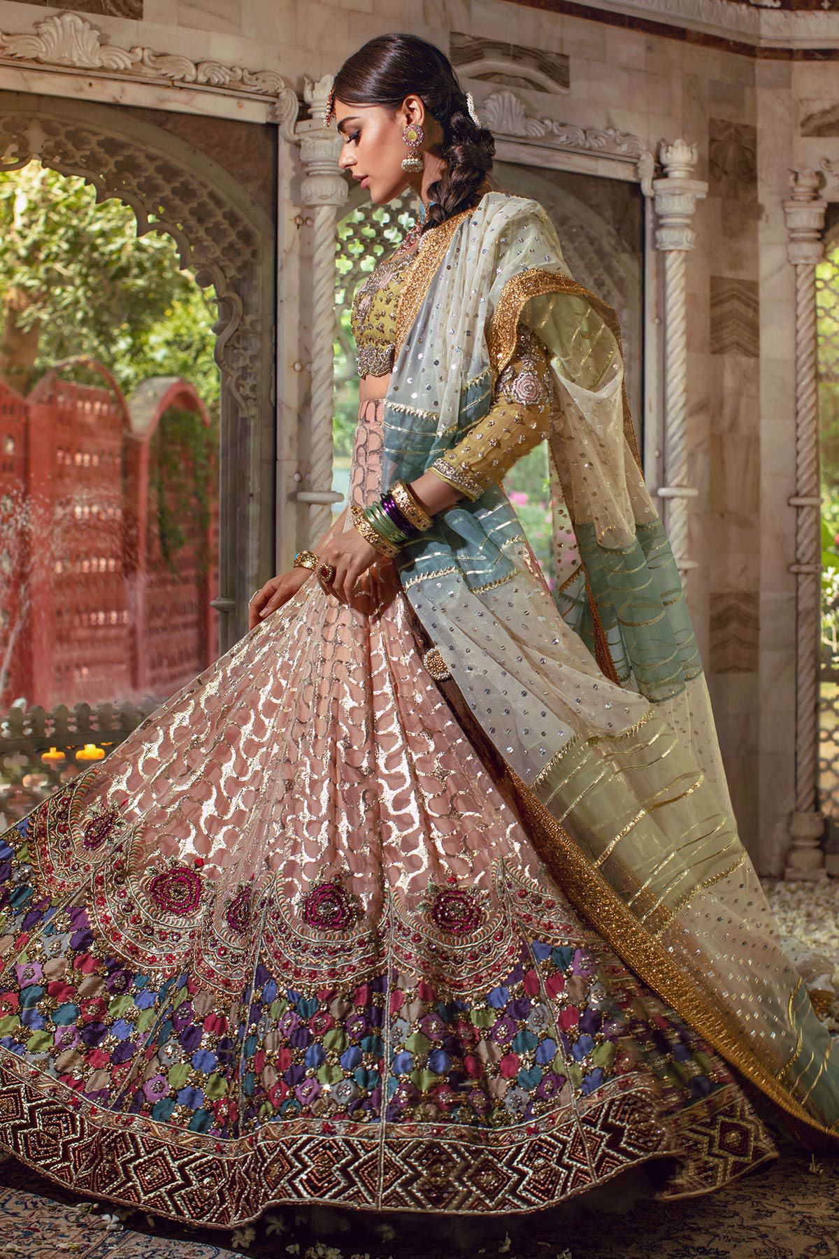 Pakistani Coral & Leaf Green Embroidered Velvet-Silk Lehenga (3-Piece) - Image 3